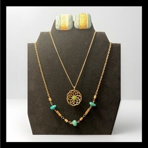 Vintage Gold Tone & Green Stones Necklaces And Enamel Earrings Set